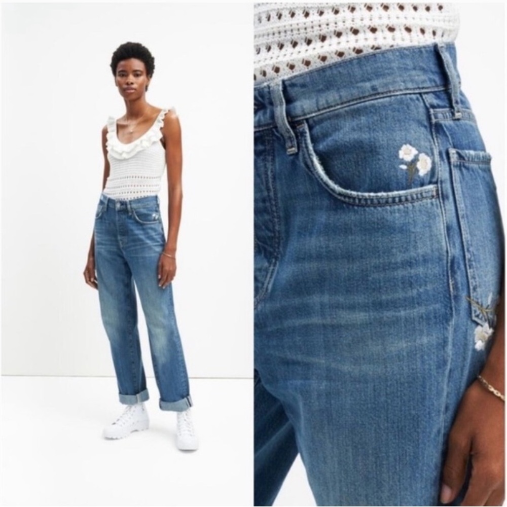 7 For All Mankind Blue Easy Straight Jeans with Floral Embroidery 30